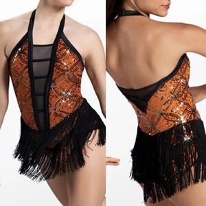 Weissman dance costume Orange sequin fringe flapper Clap Clap D12551 IC 7/8